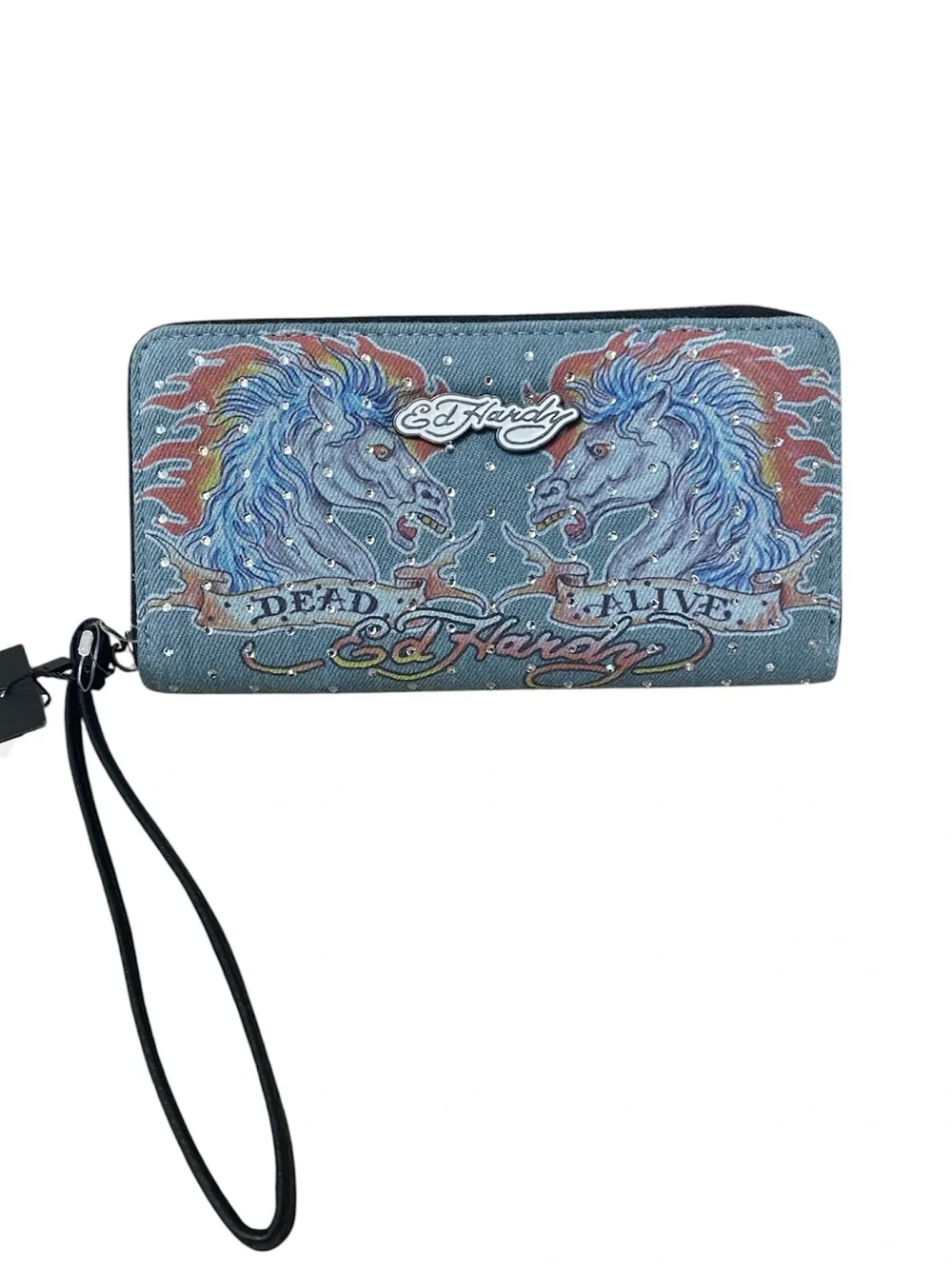 Ed Hardy Dead Alive denim wristlet wallet zip up horse print studded NWT